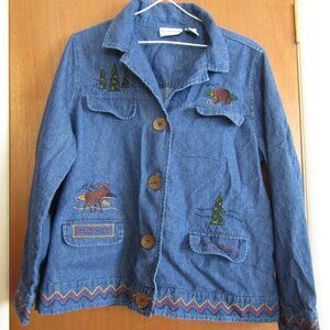 Brekenridge Embroidered Womens PM Moose Bear Denim Button Up Shirt Jacket